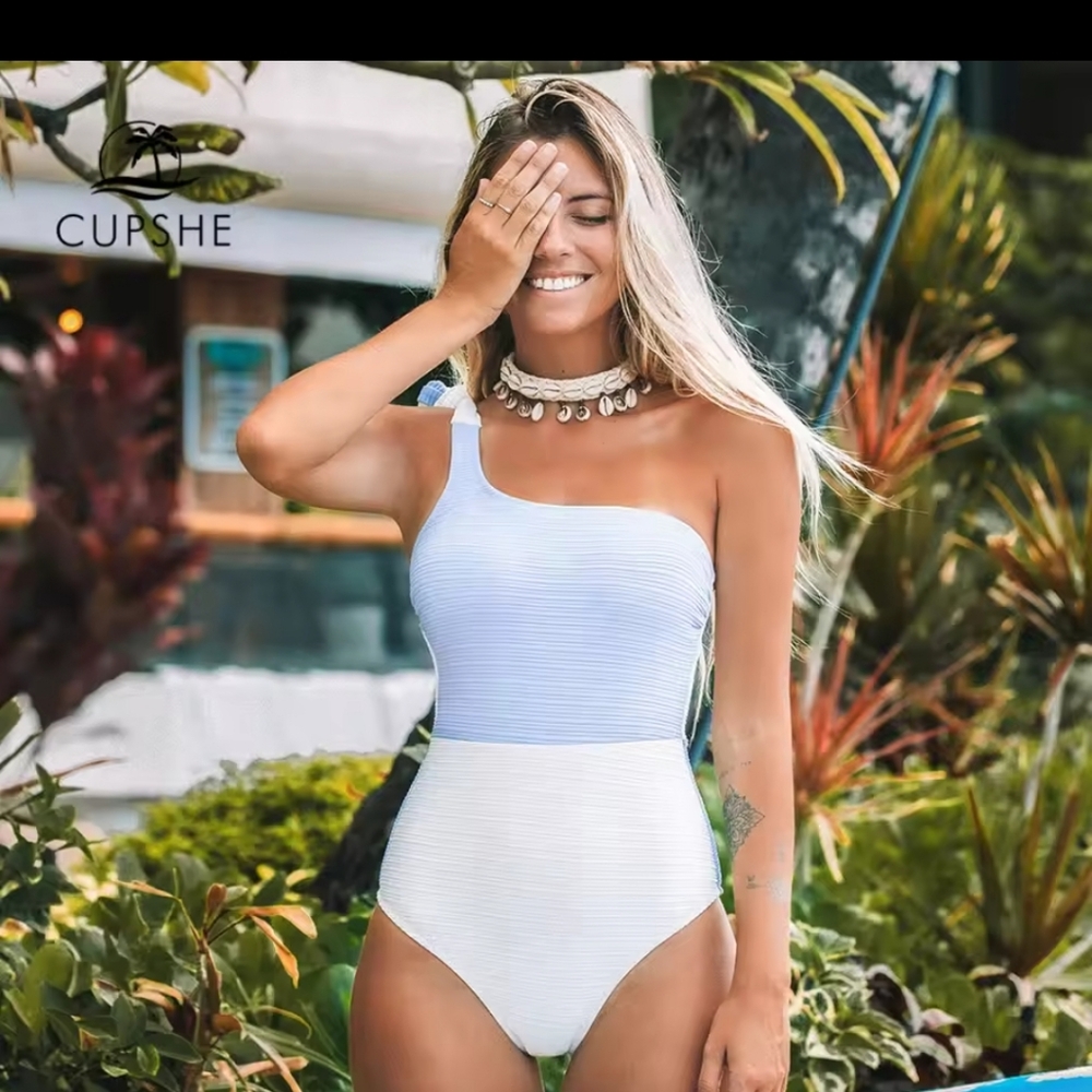Blue and White One-Shoulder Swimsuit